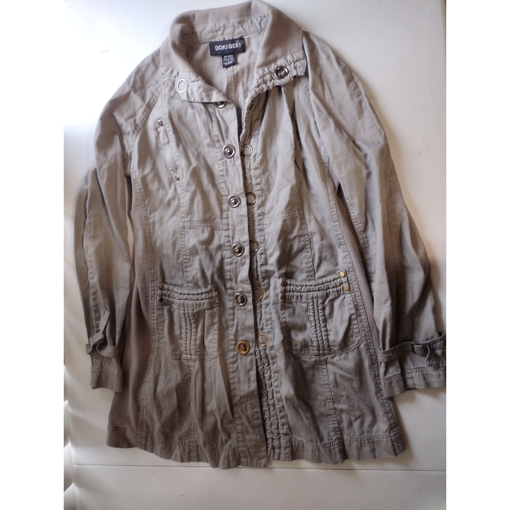 Doki Geki Womens Cotton Button Up Military Style Jacket Coat L Gray‎